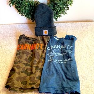 3 CARHARTT ITEMS. 2 T-Shirts size 2T and a toddler size beanie color gray